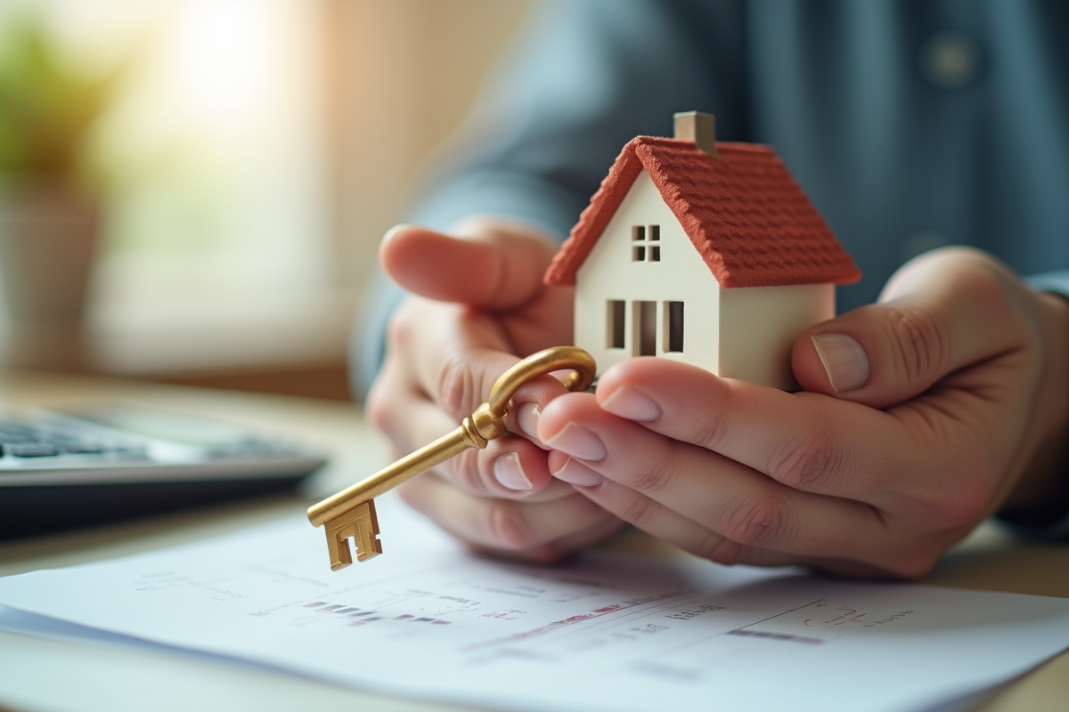 Mains tenantant une petite maison en modèle et une clé dorée