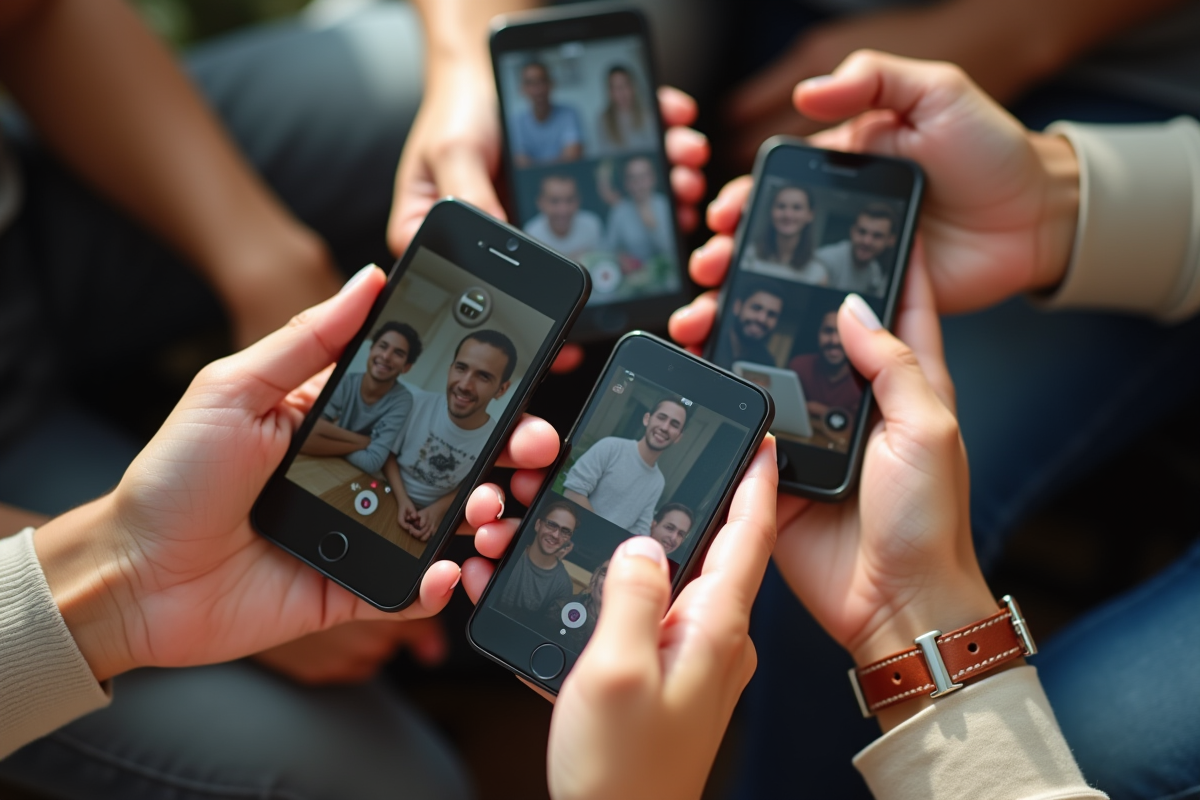 Mains tenant des smartphones avec chat de groupe visible