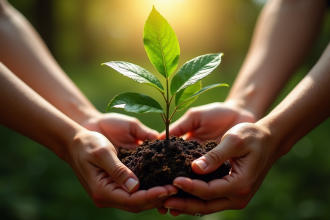 Mains tenant un arbre vert symbole de collaboration durable