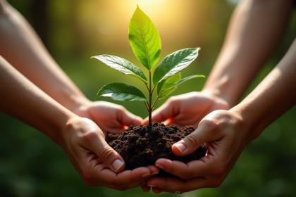 Mains tenant un arbre vert symbole de collaboration durable