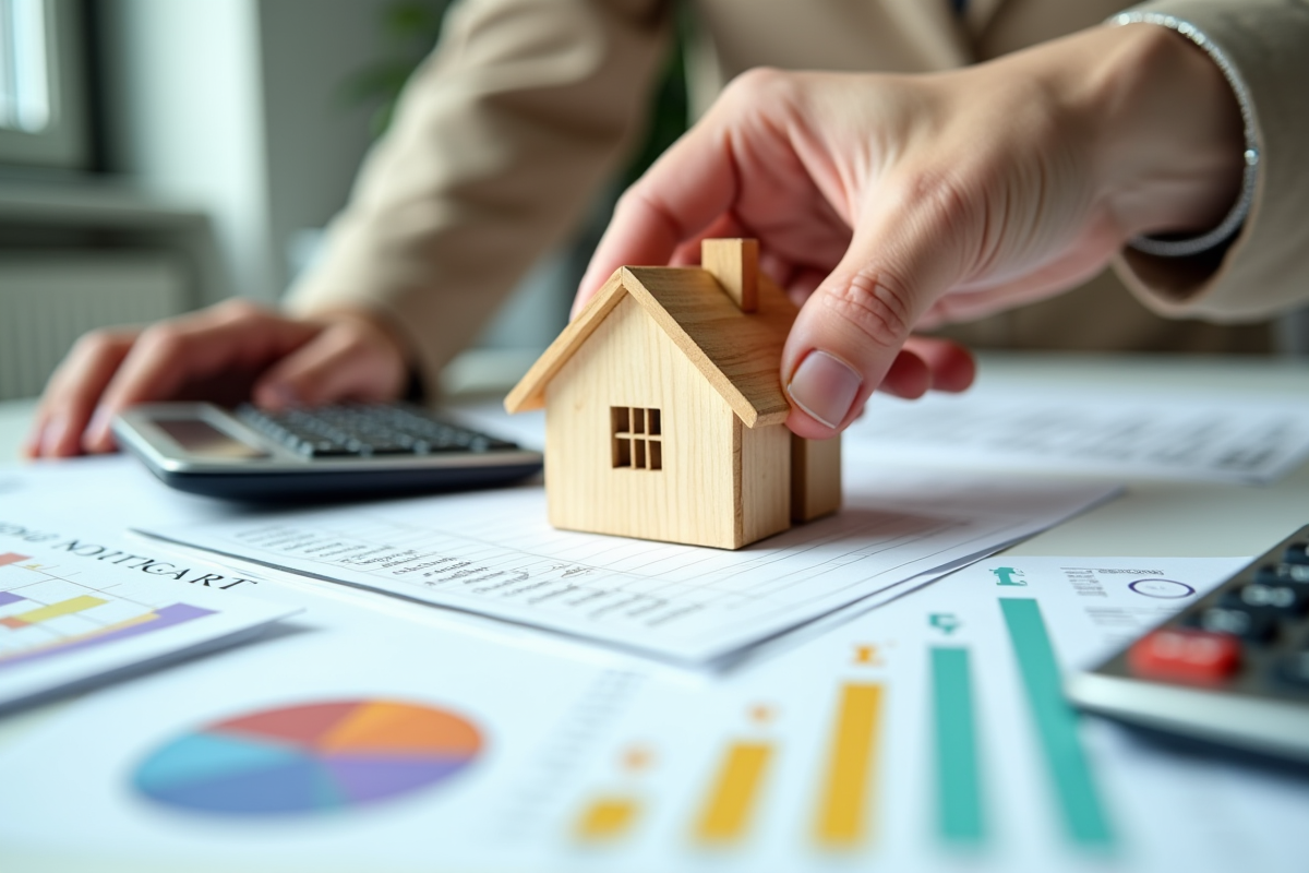 Main tenant une maison en bois sur documents de prêt immobilier