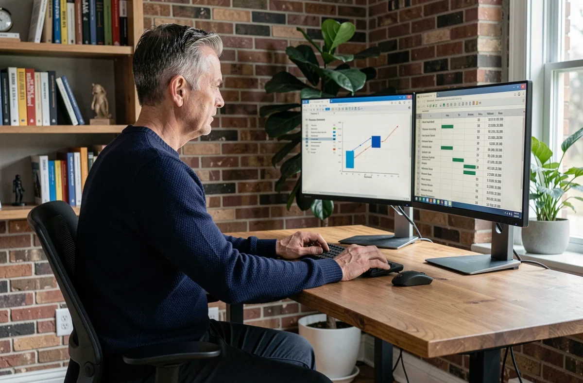 Manager en télétravail consultant un tableau de conversion minutes-heures sur double écran pour la planification de projet