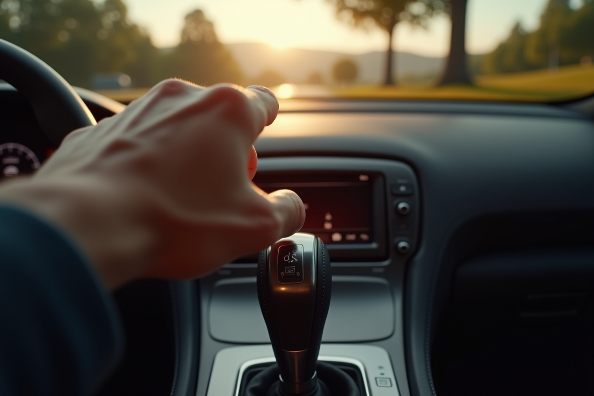Main du conducteur sur le levier automatique en scène en plein jour