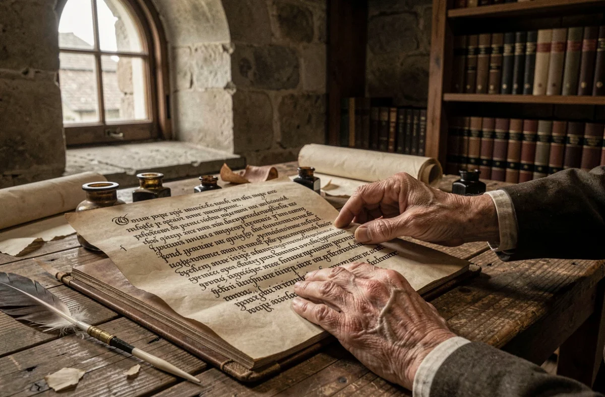 Mains d'un ancien lettré posées sur un manuscrit calligraphié en encre noire sur parchemin jauni