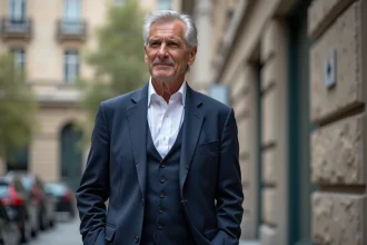 Marc Lavoine en costume dans une ville moderne