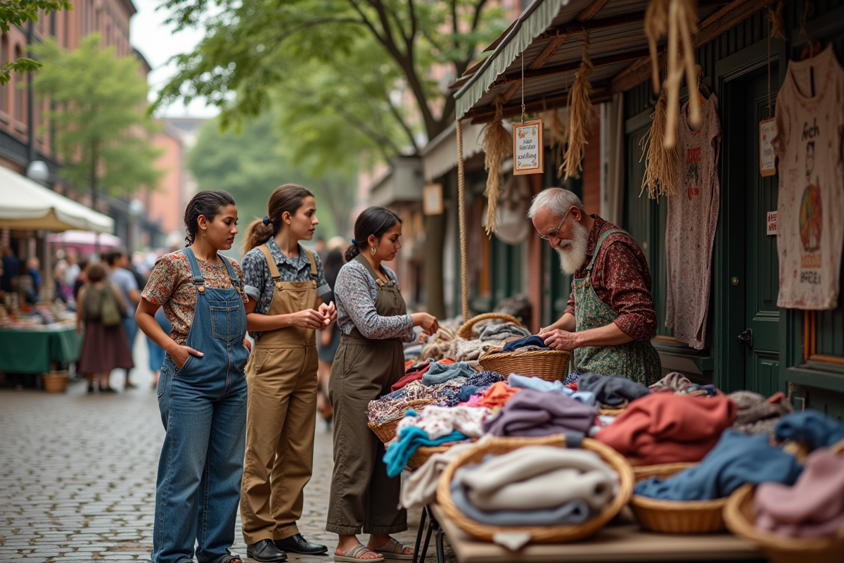 Groupe de jeunes et un homme âgé triant des vêtements recyclés