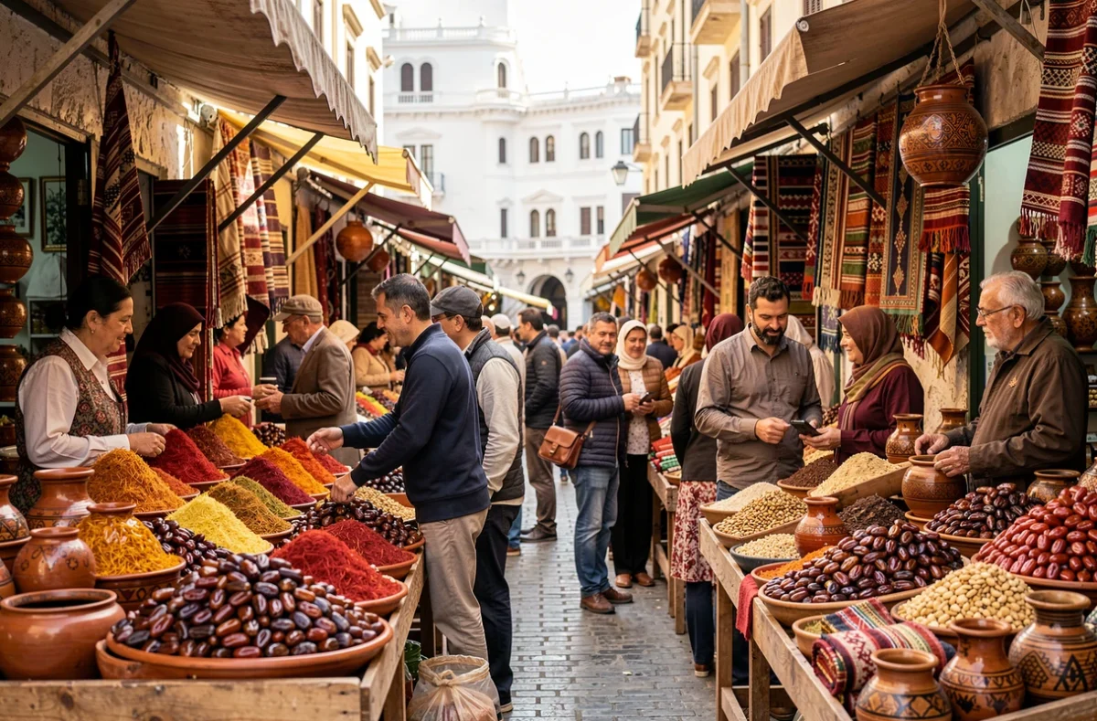 Marché traditionnel animé à Alger, capitale de l'Algérie, avec des étals colorés d'épices et d'artisanat illustrant la richesse culturelle d'un des plus vastes pays d'Afrique