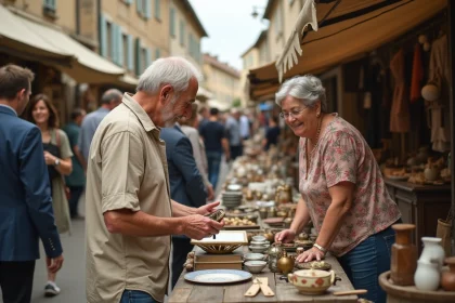 Marché de troc et puces en plein air dans une ville bretonne avec vendeurs et chineurs parcourant les allées remplies d'objets vintage et d'antiquités