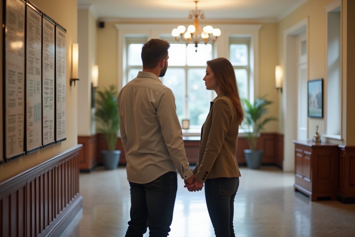 Couple lisant les bans de mariage dans la mairie lumineuse