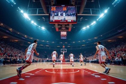 Match de basketball en action avec tableau de score