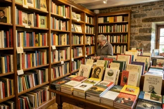 Intérieur chaleureux d'une librairie indépendante normande avec des rayonnages en bois chargés de livres et une cliente en train de feuilleter un ouvrage