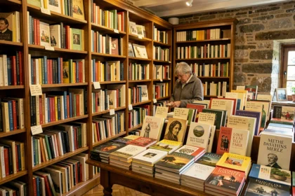 Intérieur chaleureux d'une librairie indépendante normande avec des rayonnages en bois chargés de livres et une cliente en train de feuilleter un ouvrage