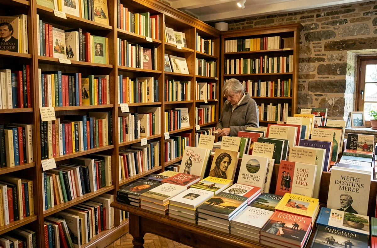 Intérieur chaleureux d'une librairie indépendante normande avec des rayonnages en bois chargés de livres et une cliente en train de feuilleter un ouvrage