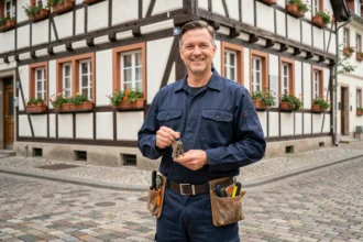 Serrurier professionnel devant un bâtiment alsacien typique à Strasbourg, dans le Bas-Rhin
