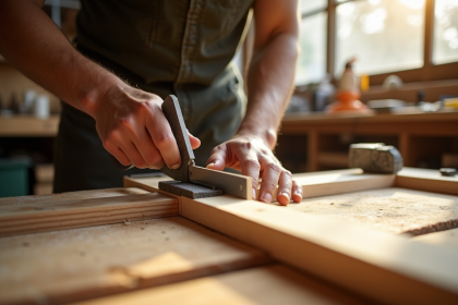 Menuisier vérifiant l'angle des planches en bois avec un équerre