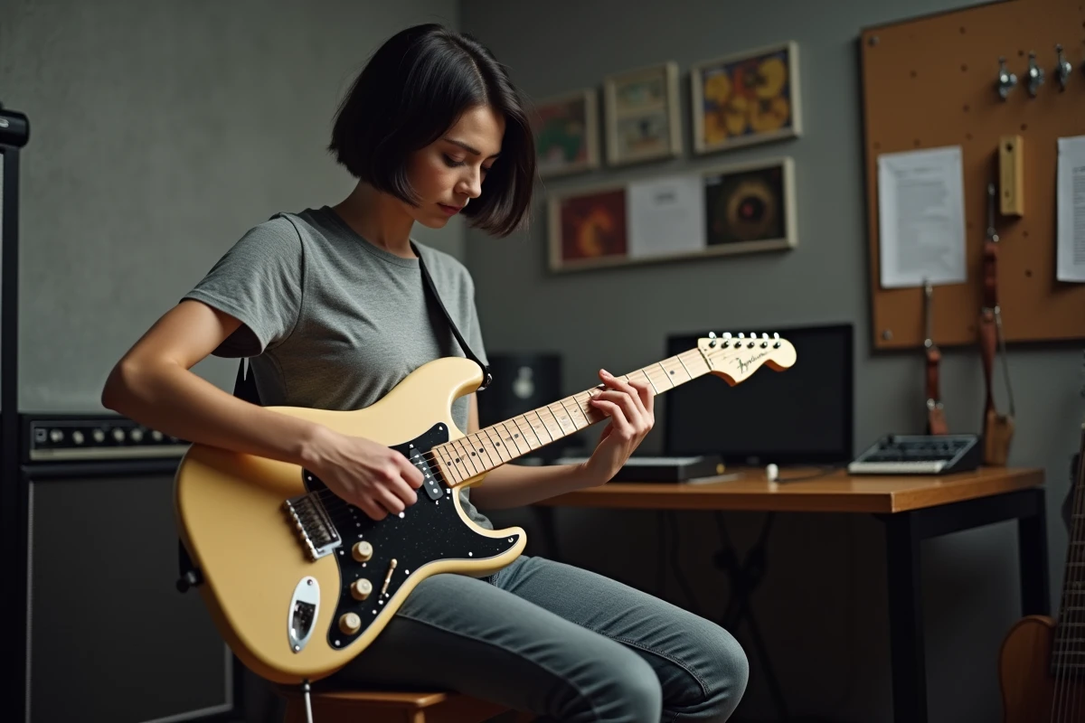 Guitariste mesurant l'action des cordes d'une guitare électrique Atlantic avec une règle de précision