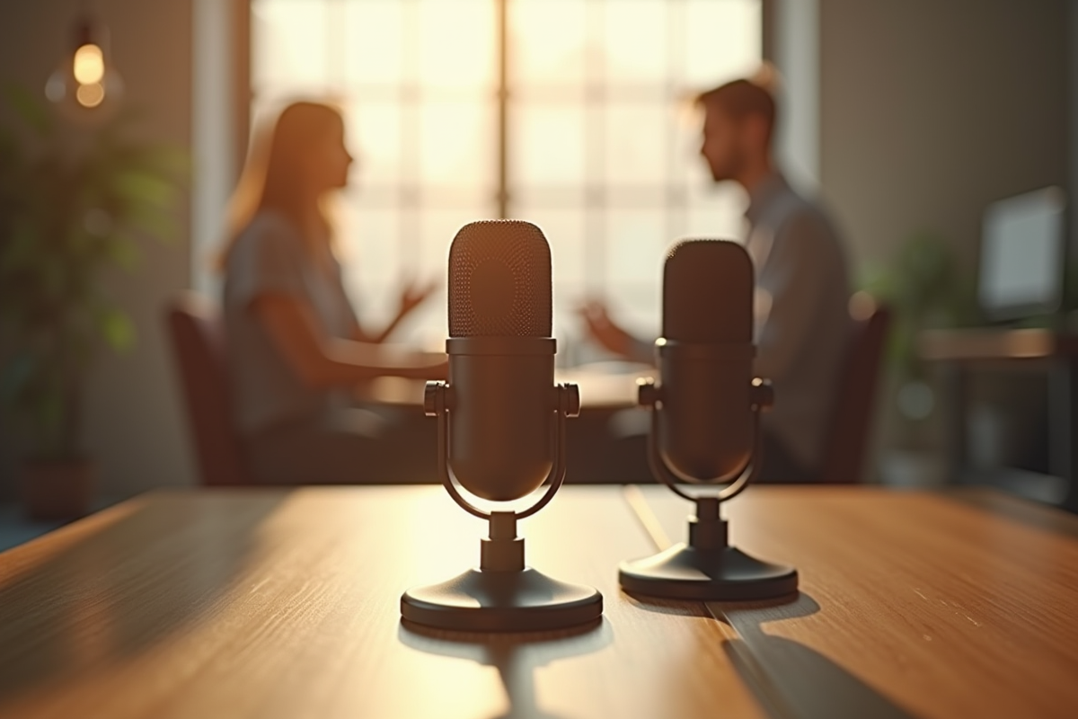 Deux microphones sur une table en bois dans un studio lumineux