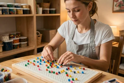 Femme adulte réalisant un modèle perles à repasser Stitch sur une plaque de pegboard en bois dans un atelier de loisirs créatifs