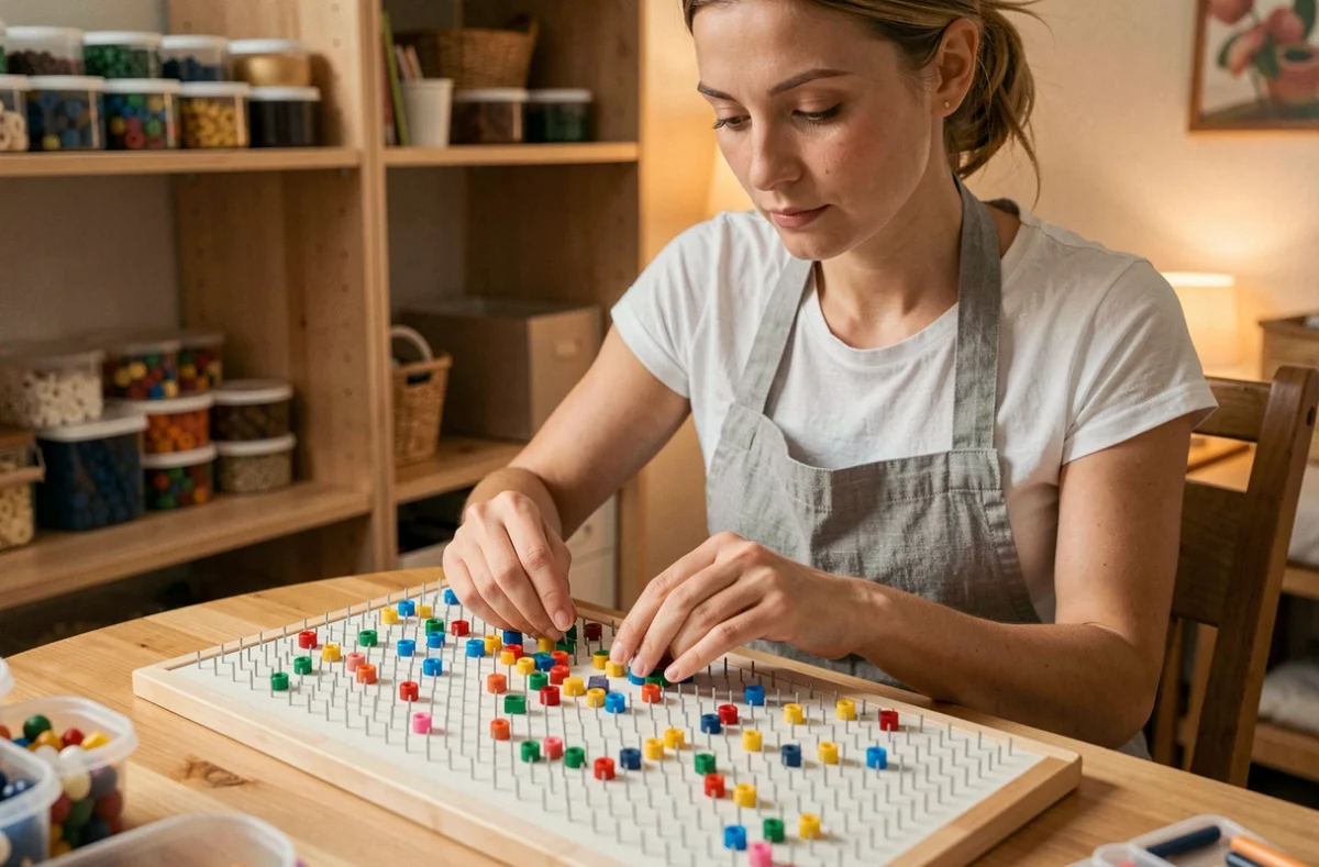 Femme adulte réalisant un modèle perles à repasser Stitch sur une plaque de pegboard en bois dans un atelier de loisirs créatifs