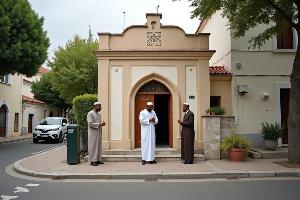 Hommes discutant devant une mosquée de banlieue à Vénissieux après la prière du vendredi en période de Ramadan