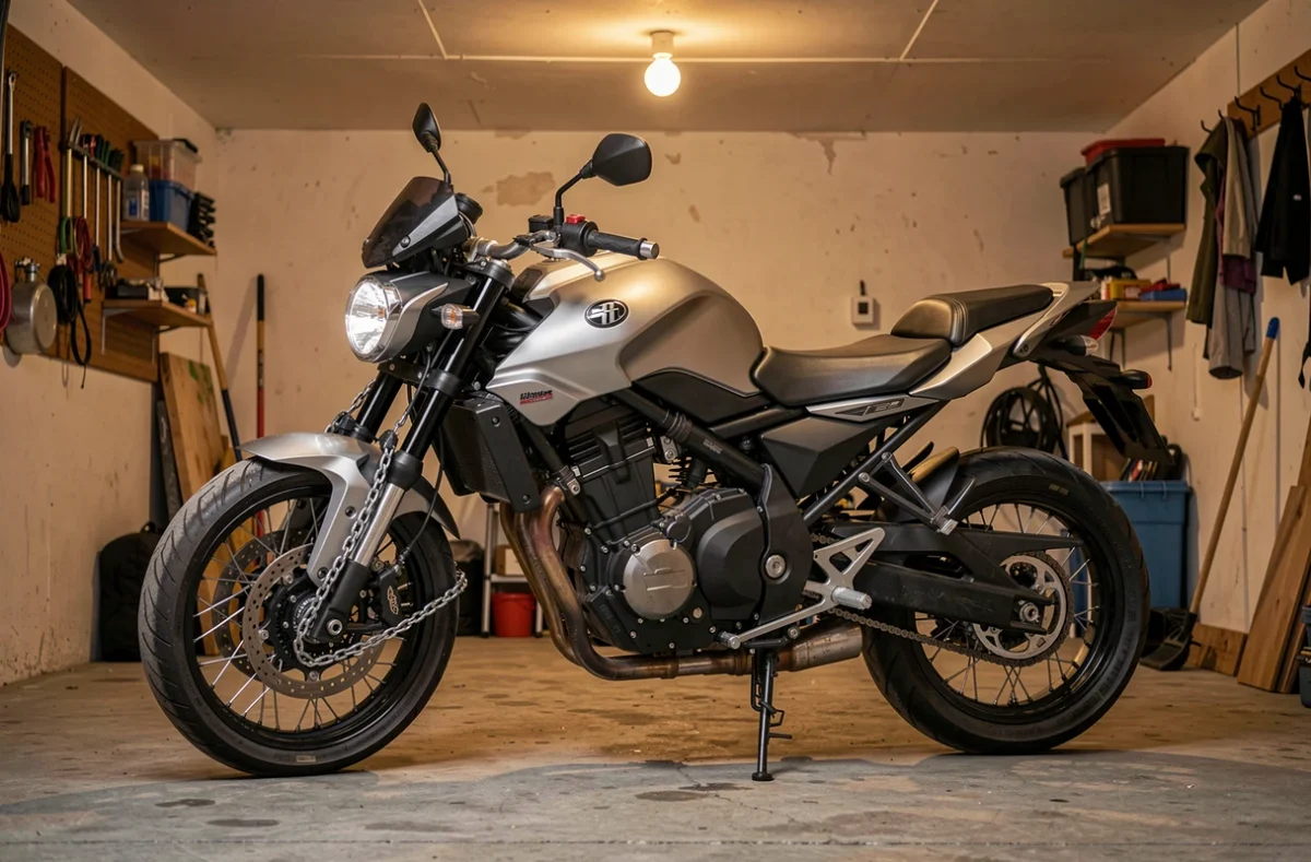 Moto garée dans un garage fermé avec un antivol à chaîne
