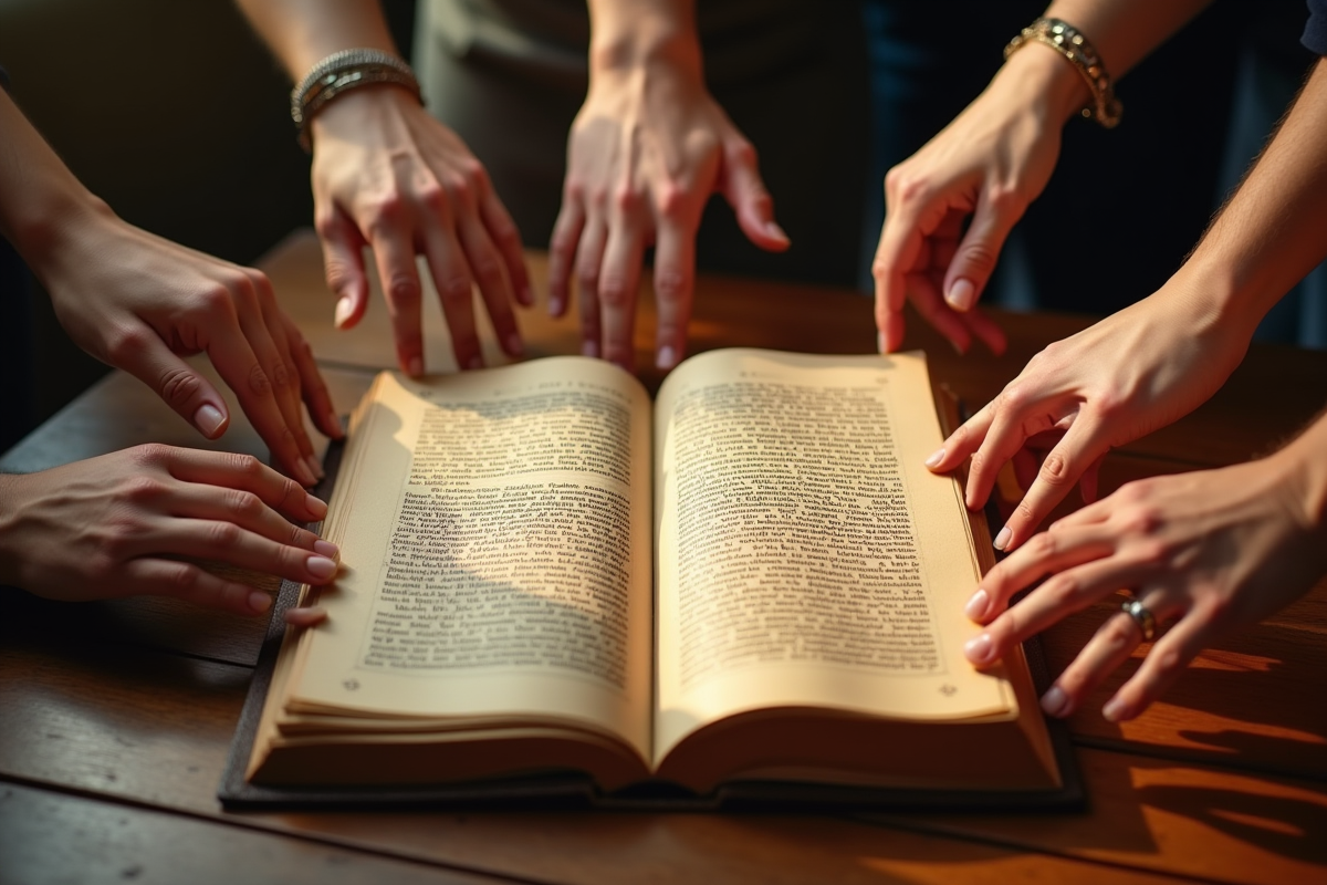 Main de différentes origines atteignant un manuscrit ancien sur une table en bois