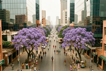 Avenue animée de Nairobi au Kenya avec des tours modernes et des jacarandas en fleurs, illustrant la capitale d'un des plus grands pays d'Afrique