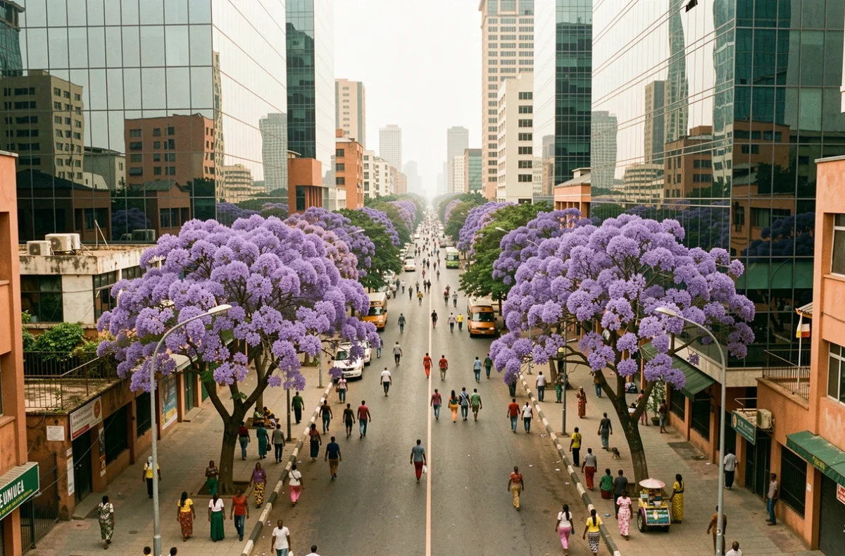 Avenue animée de Nairobi au Kenya avec des tours modernes et des jacarandas en fleurs, illustrant la capitale d'un des plus grands pays d'Afrique