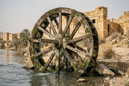 Ancienne noria en bois et métal partiellement immergée dans une rivière en Syrie, couverte de mousse et de minéraux, vestige historique de l'irrigation traditionnelle