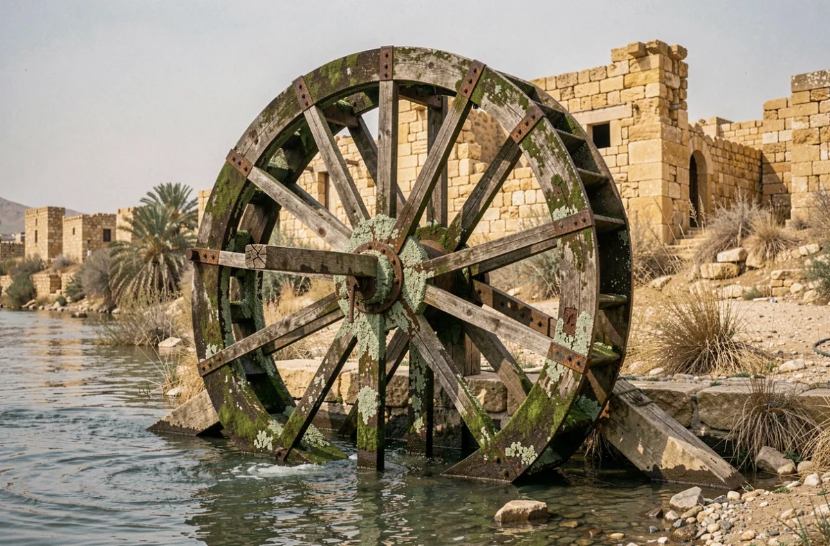 Ancienne noria en bois et métal partiellement immergée dans une rivière en Syrie, couverte de mousse et de minéraux, vestige historique de l'irrigation traditionnelle