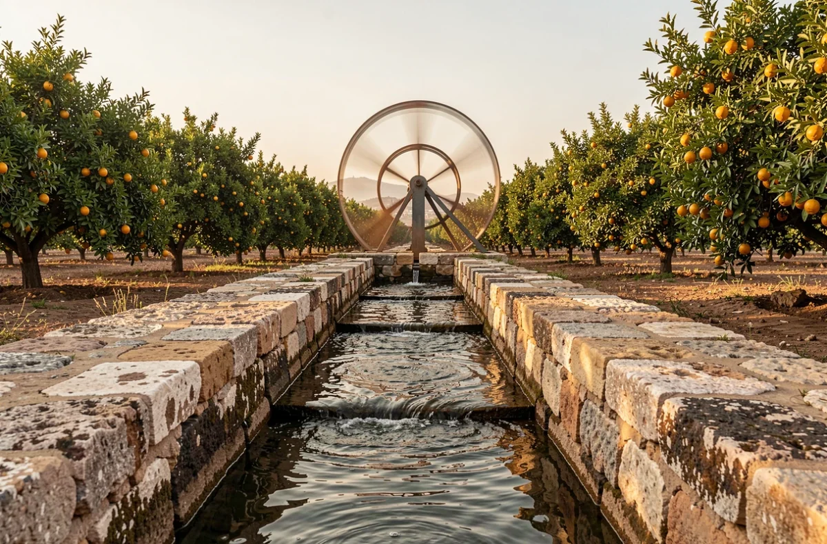 Canal d'irrigation en pierre alimenté par une noria traditionnelle dans les vergers de la région de Murcie en Espagne, arbres fruitiers en arrière-plan évoquant le patrimoine hydraulique méditerranéen