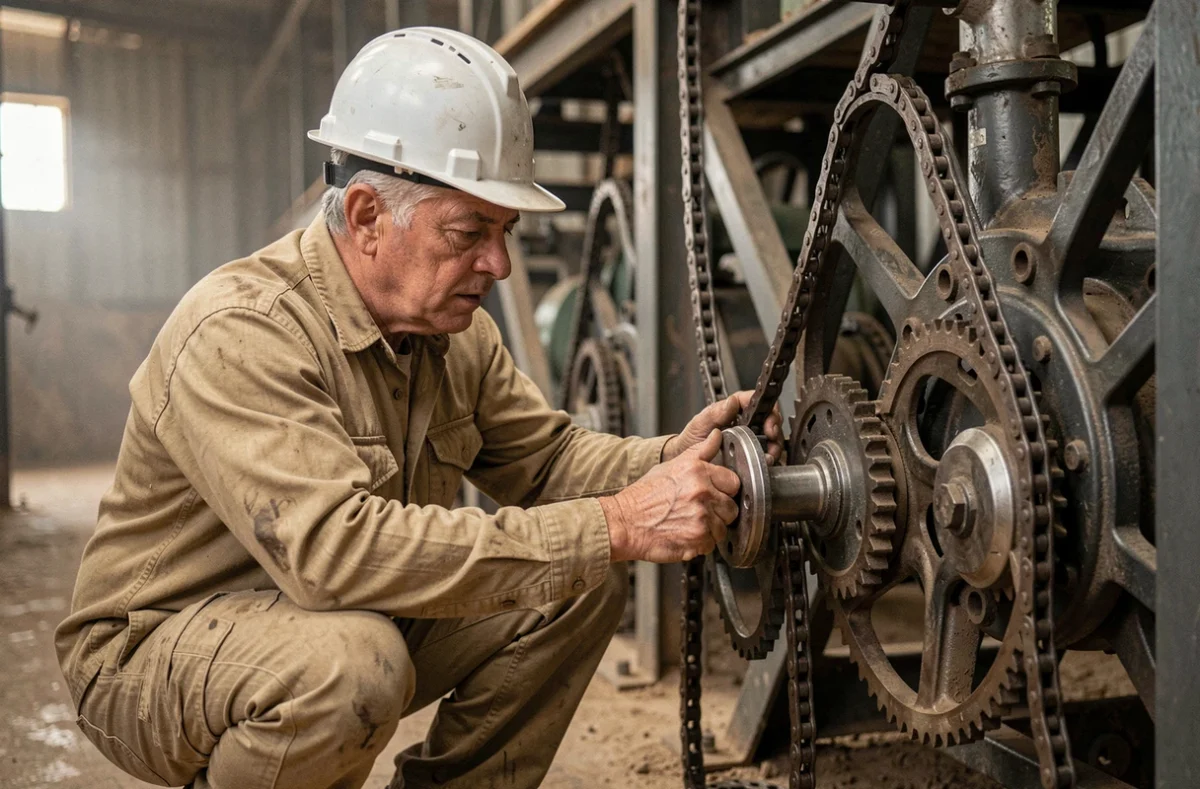 Ingénieur inspectant un système de noria industrielle moderne dans une installation agricole en Afrique du Nord, chaînes métalliques et mécanismes de pompage visibles en arrière-plan