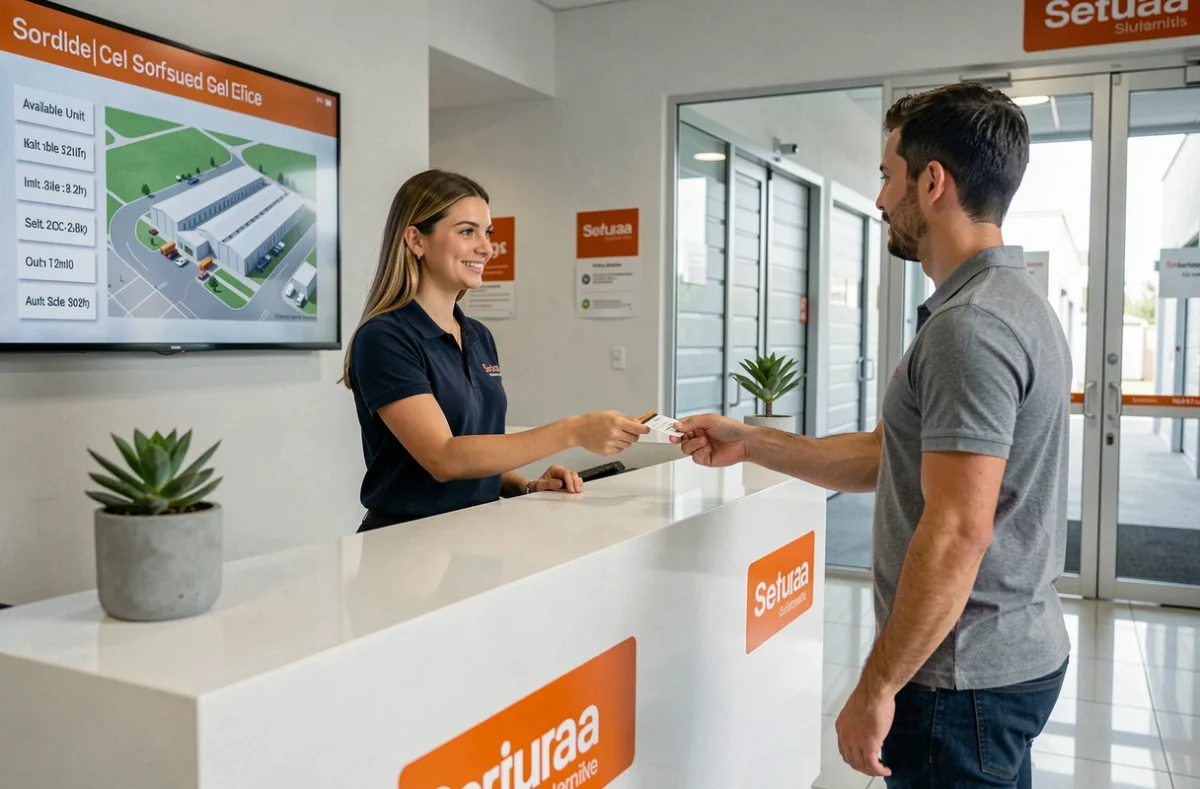 Employée d'Okbox.fr Laval remettant un badge d'accès à un client dans la réception moderne d'un self-stockage