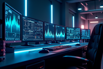 Configuration d ordinateur futuriste avec ecrans ultrawide et eclairage LED