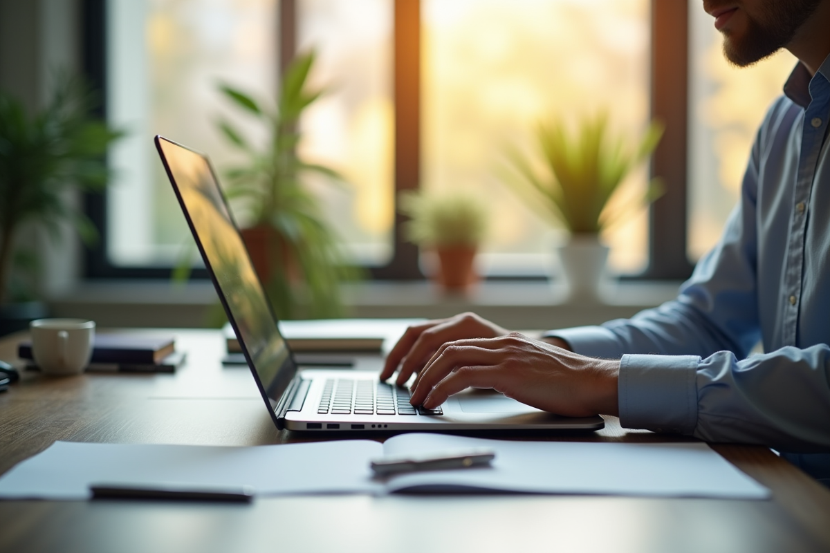 Ordinateur portable ouvert sur un bureau lumineux et organisé