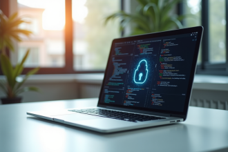 Ordinateur portable affichant du code et un cadenas de securite