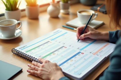 Main organisant un planning hebdomadaire coloré sur un bureau lumineux