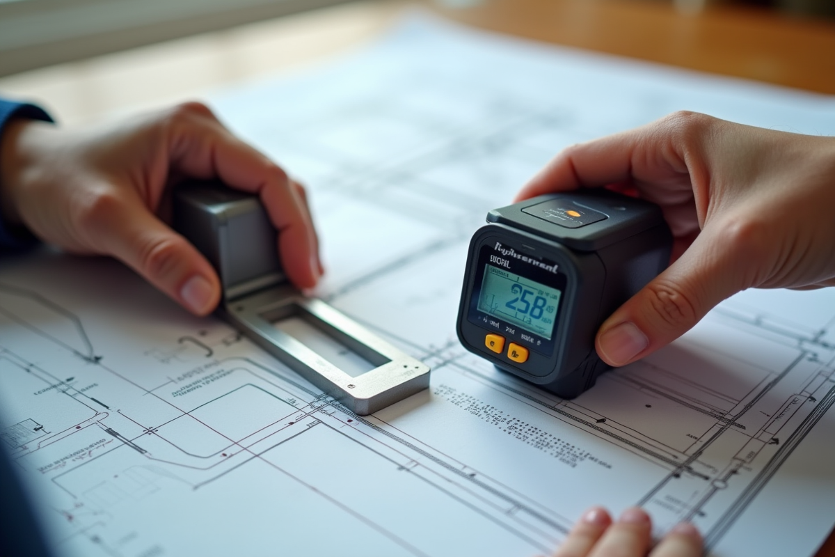 Outil numérique et équerre sur des plans architecturaux