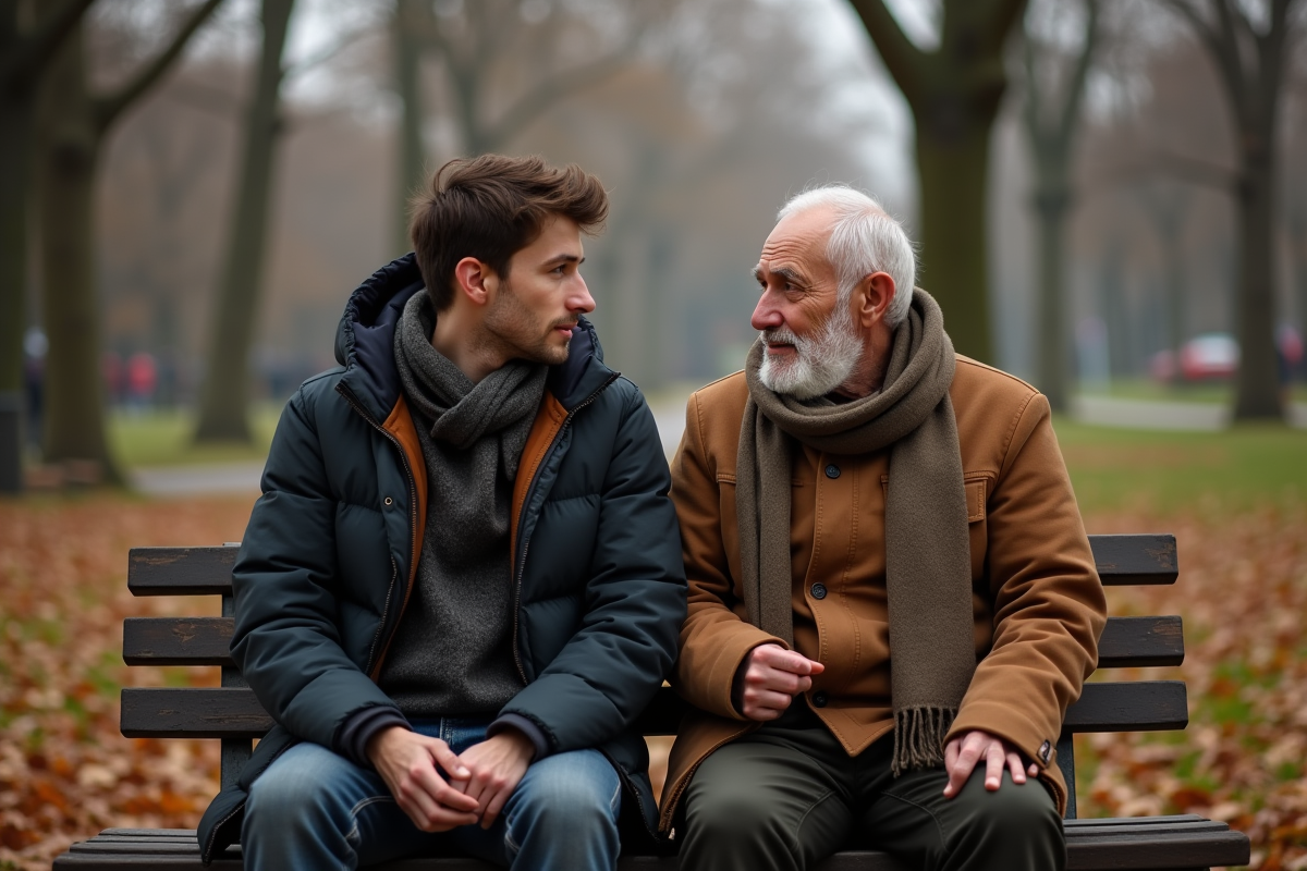 Fils et père discutant sur un banc dans un parc automnal
