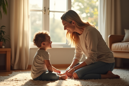 Parent parlant avec un enfant dans un salon lumineux