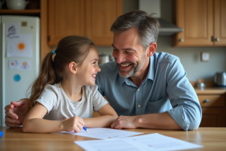 Parent et enfant souriants dans la cuisine familiale