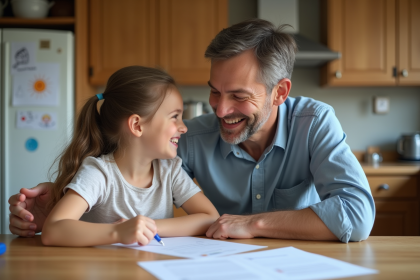 Parent et enfant souriants dans la cuisine familiale