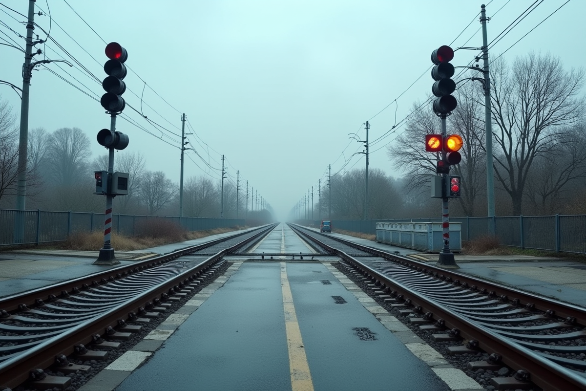Passage à niveau vide avec barrières et éclairages de sécurité