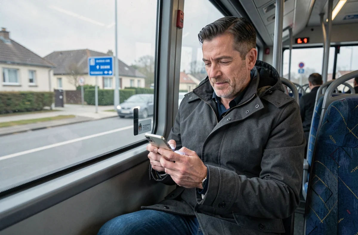 Passager consultant l'application de transport en commun dans le bus 249 en direction de Paris
