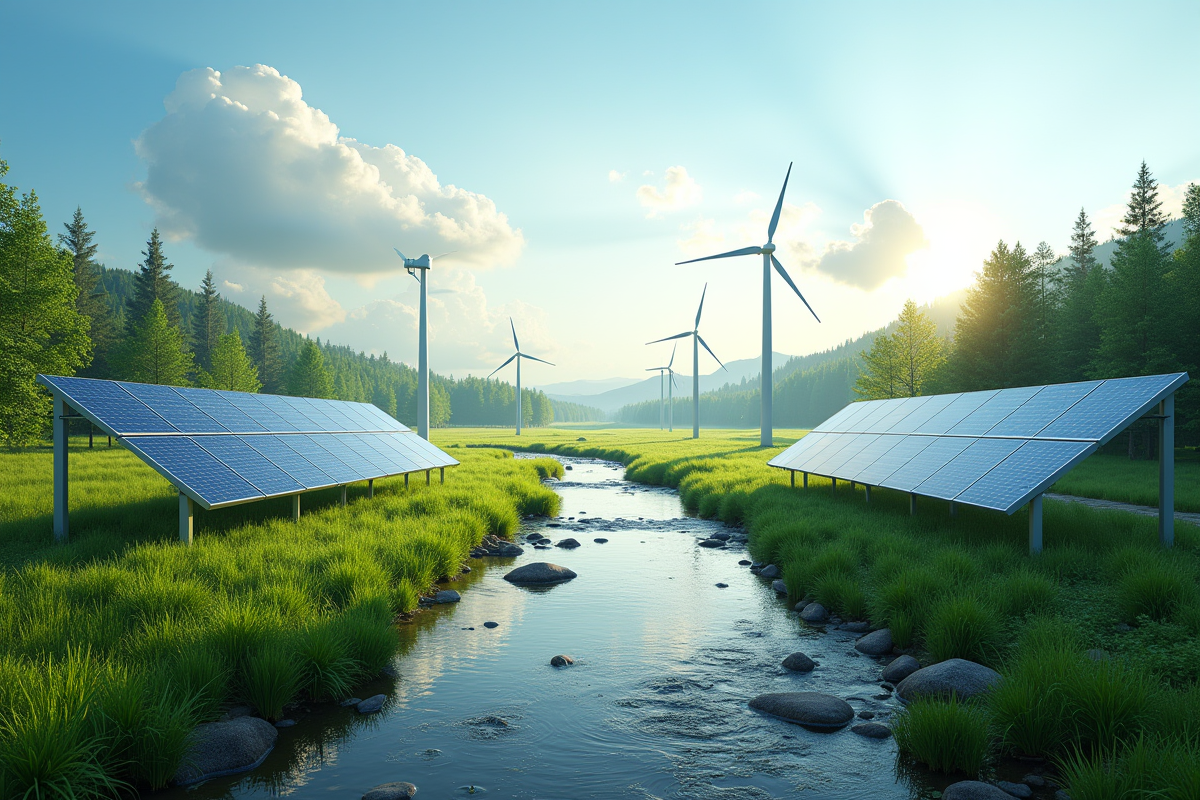 Paysage avec panneaux solaires turbines et forêt pour la durabilite