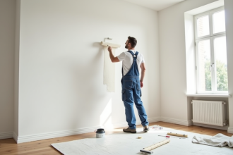 Peintre professionnel appliquant de la peinture blanche dans un salon moderne