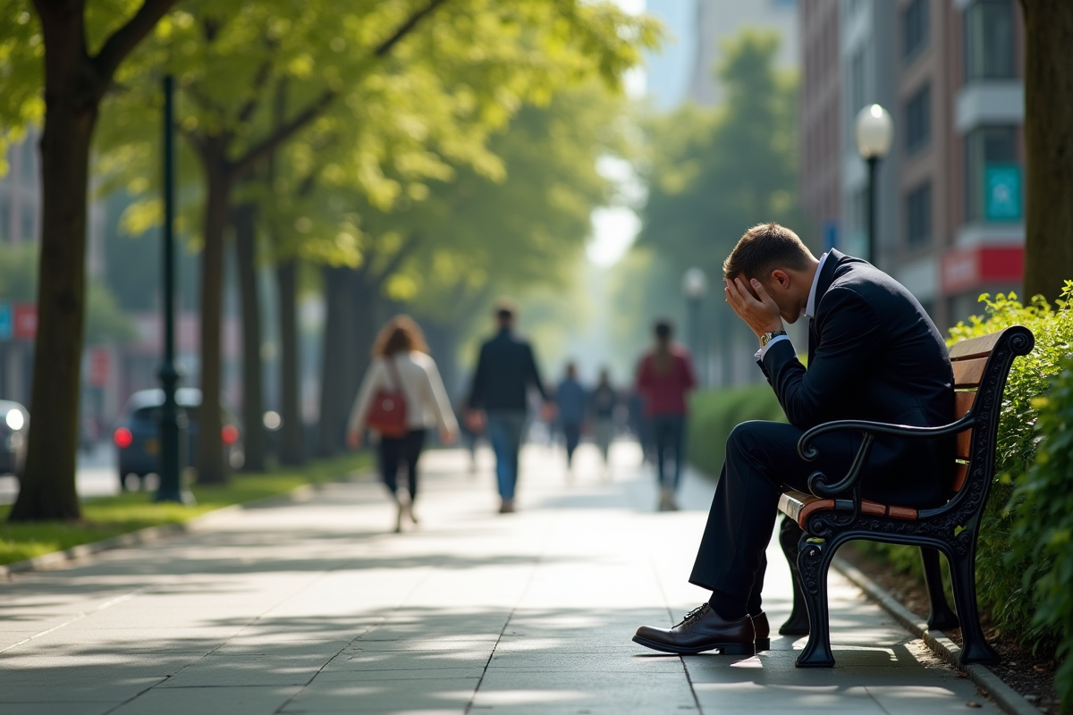 Personne seule assise sur un banc dans un parc urbain en journée