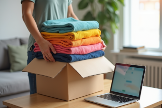 Personne plaçant des vêtements pliés dans une boîte pour vendre