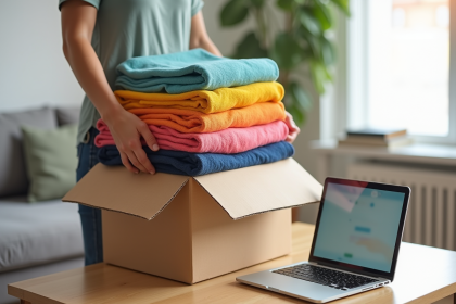 Personne plaçant des vêtements pliés dans une boîte pour vendre