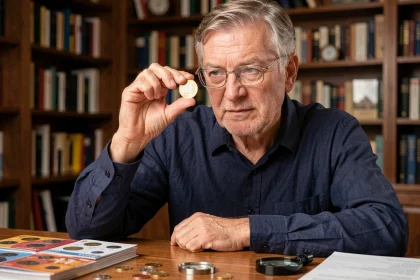 Numismate examinant une pièce de 2 euros rare avec une loupe dans un bureau de collection